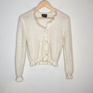 Gitano Cardigan Womens Medium Cream Acrylic Ruffle Pearl Button Vintage Coquette